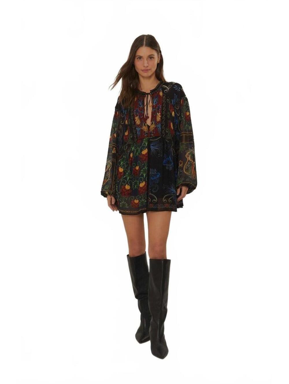 Farm Rio Mixed Arabesque Scarves Print Long Sleeve Chiffon Minidress Sz M #1330